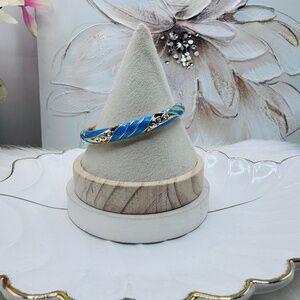 Blue Enamel Cloisonne Bracelet Bangle w/ Rhinestones